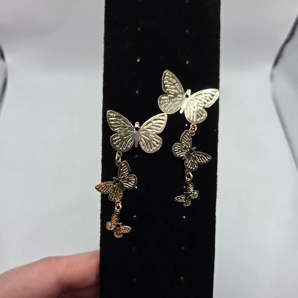 Gold Tone Butterfly Dangle Drop Earrings 2" Lightweight Statement